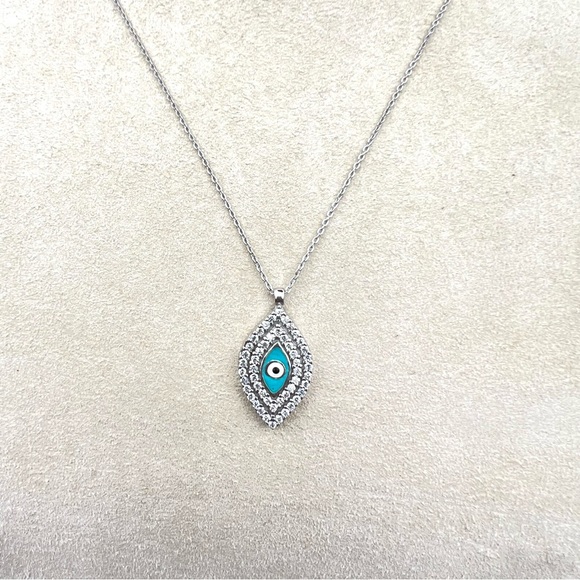 EVIL EYE Dainty 925 Sterling Silver Crystal Rhinestone w Enamel Necklace Sz 17" - Picture 8 of 8